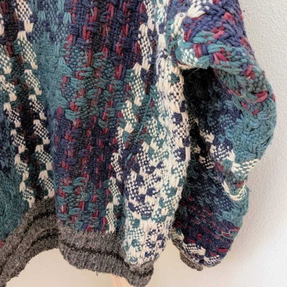 Vintage Plaid Waffle Stitch Button Front Wool Henley Sweater In Gray/Blue/Purple